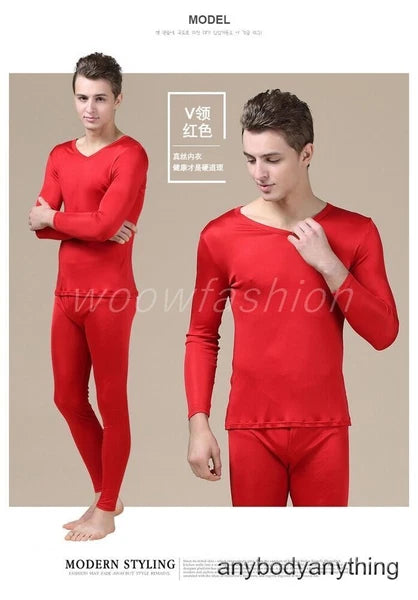 Men Mulberry Silk Thermal Long Johns Pajamas Underwear Baselayer Top&Bottom Set