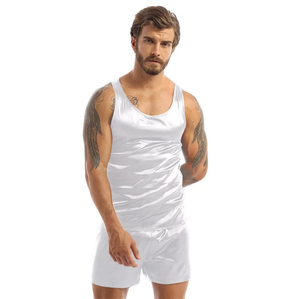 Mens Pajama Set Silky Satin Sleepwear Smooth Tank Top and Shorts 2 Pieces Set
