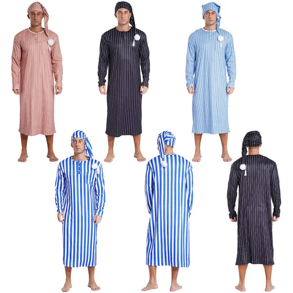Mens Nightgowns Arabian Pajamas Striped Nightwear Loose Fit Up Cosplay Costume