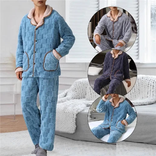 Men Coral Fleece Pajamas Plaid Jacquard Cardigan 2PCS Leisure Flannel Nightwear