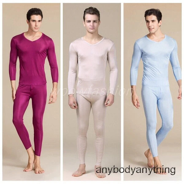 Men Mulberry Silk Thermal Long Johns Pajamas Underwear Baselayer Top&Bottom Set