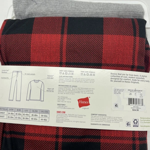 L Hanes Originals Men's 2 Pc Comfort Fleece Sleep Pajama Set Red Check Red LARGE