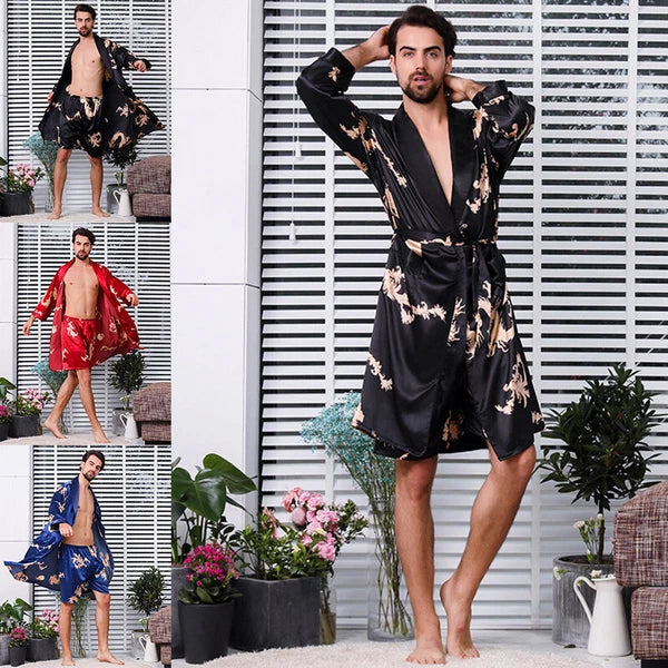 Men Silk Like Pyjama Set Dragon Print Pajamas Dressing Gown Robe Sleepwear Loose