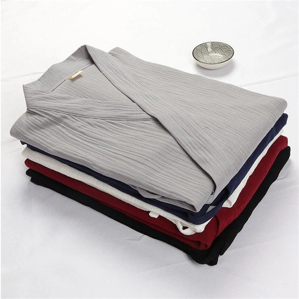 Japanese Men's Kimono Top Pants Sleepwear Robes Yukata Pajamas Set Crepe Cotton