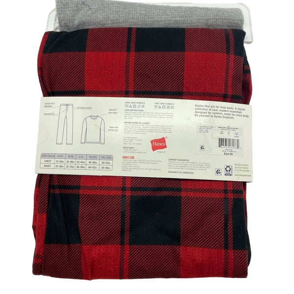 L Hanes Originals Men's 2 Pc Comfort Fleece Sleep Pajama Set Red Check Red LARGE