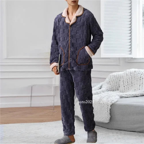 Men Coral Fleece Pajamas Plaid Jacquard Cardigan 2PCS Leisure Flannel Nightwear