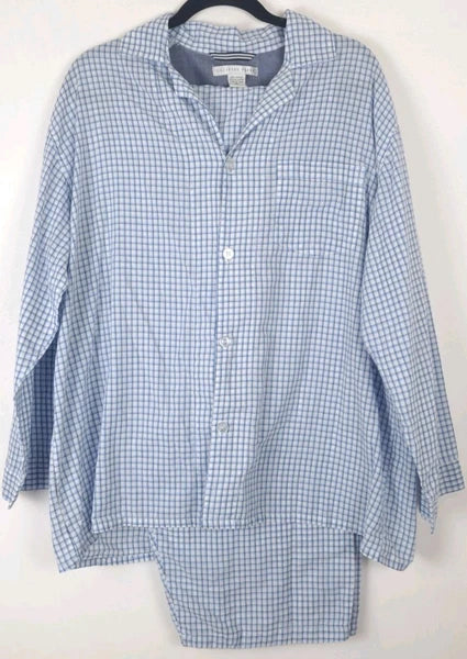 Geoffrey Beene Pajama Set XL Blue Plaid Button Long Sleeve Altered Short   *READ