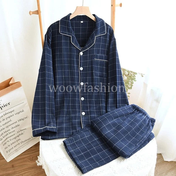 Men Cotton Gauze Long Sleeve Pajamas Set Sleepwear & Loungewear Button Down Pjs