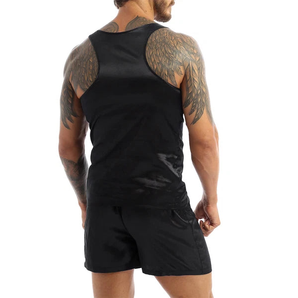Mens Pajama Set Silky Satin Sleepwear Smooth Tank Top and Shorts 2 Pieces Set