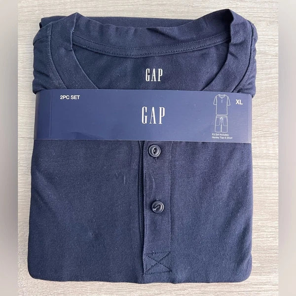 GAP Men's 2-Pc. Heathered Henley Shirt & Shorts Pajama Set Dark Blue Size XL