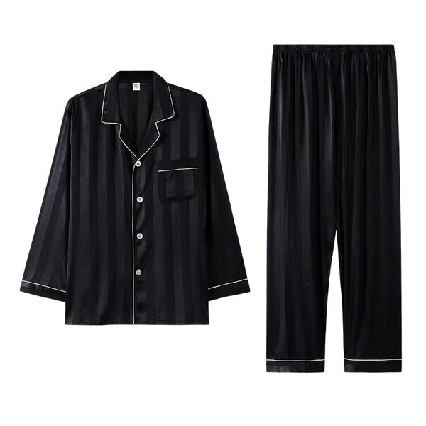 Mens Pajamas Nightwear Long Sleeve Sleep Tops Trousers Thin Ice Silk Pajamas Set