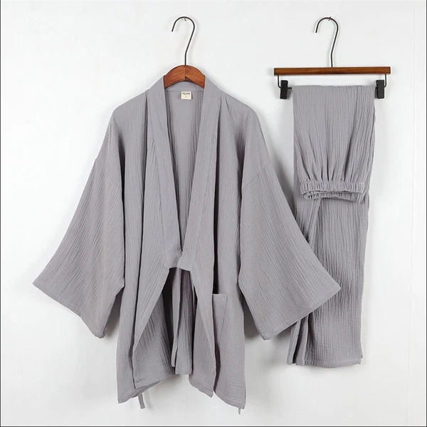 Japanese Men's Kimono Top Pants Sleepwear Robes Yukata Pajamas Set Crepe Cotton
