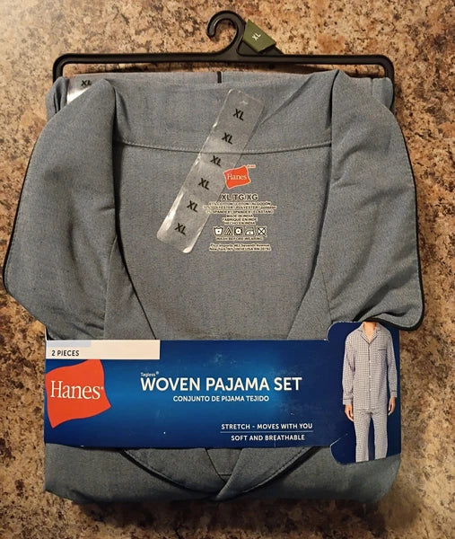 Hanes Men's Woven Pajama 2PC Set Long Sleeve top  Long Leg Pant Size XL NEW