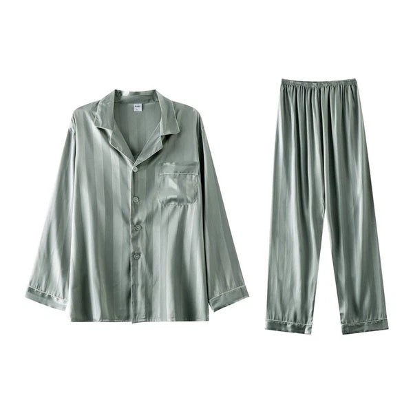 Mens Pajamas Nightwear Long Sleeve Sleep Tops Trousers Thin Ice Silk Pajamas Set