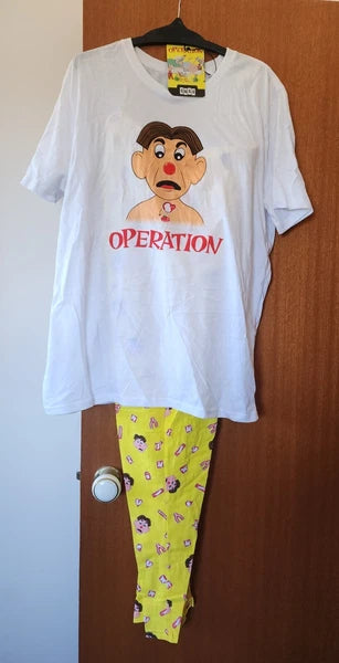Hasbro Gaming Operation Mens White Yellow Printed 2 Piece Pyjama Set Size XXL