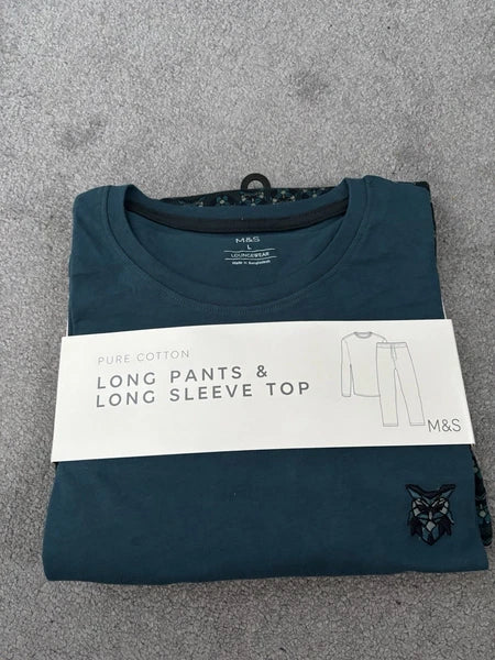 Marks And Spencer Size Large Dark Green Pure Cotton Pyjamas Set