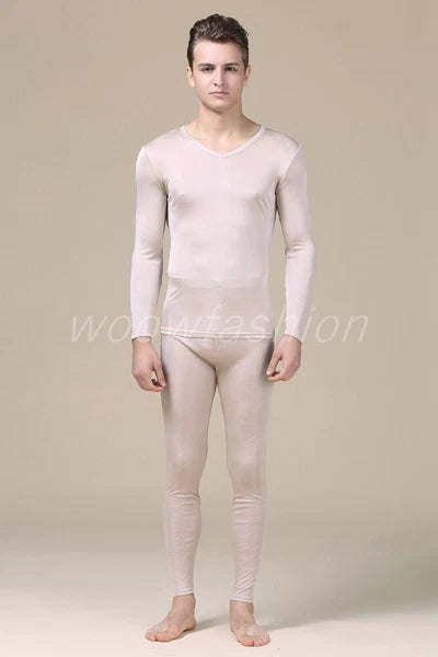 Men Mulberry Silk Thermal Long Johns Pajamas Underwear Baselayer Top&Bottom Set