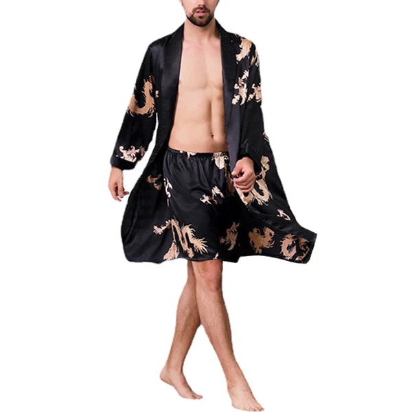 Men Silk Like Pyjama Set Dragon Print Pajamas Dressing Gown Robe Sleepwear Loose