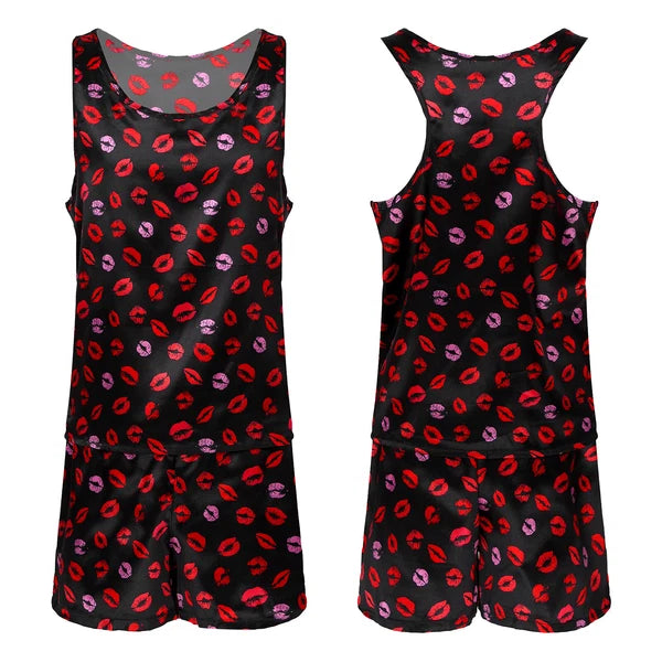 Mens Pajama Set Silky Satin Sleepwear Smooth Tank Top and Shorts 2 Pieces Set