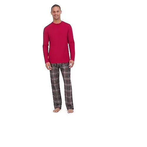L Hanes Originals Men's 2 Pc Comfort Fleece Sleep Pajama Set Red Check Red LARGE