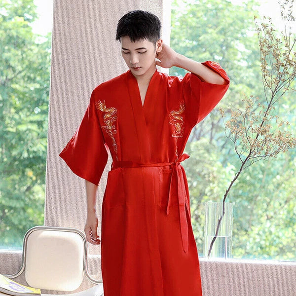 Hot Men's Silk Satin Japanese Chinese Kimono Dressing Gown Bath Robe Nightwear
