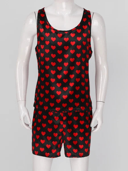 Mens Pajama Set Silky Satin Sleepwear Smooth Tank Top and Shorts 2 Pieces Set