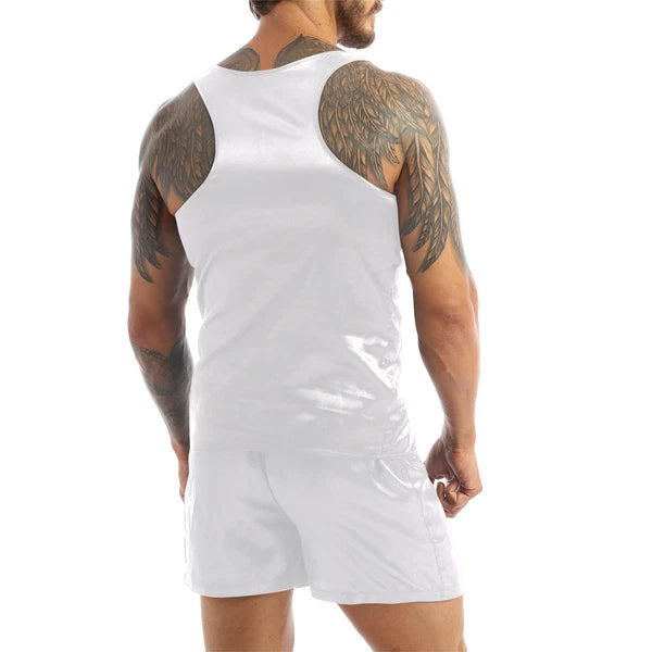 Mens Pajama Set Silky Satin Sleepwear Smooth Tank Top and Shorts 2 Pieces Set