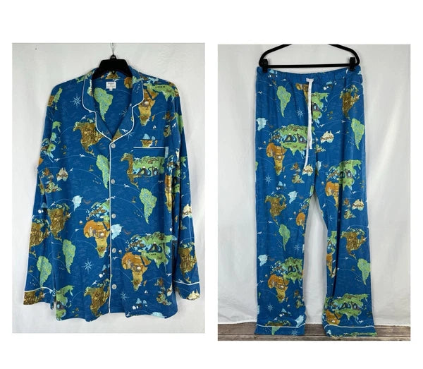 Bedhead Pajamas x Apollojets Pajama Set Mens Size XLXT Blue World Map Packable