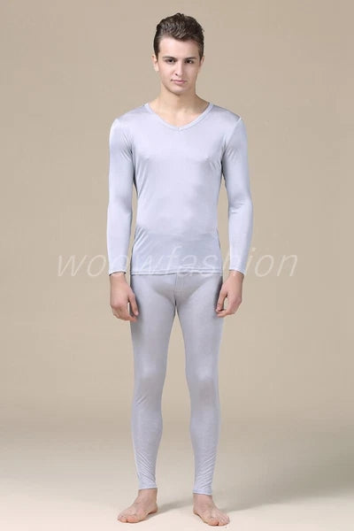 Men Mulberry Silk Thermal Long Johns Pajamas Underwear Baselayer Top&Bottom Set