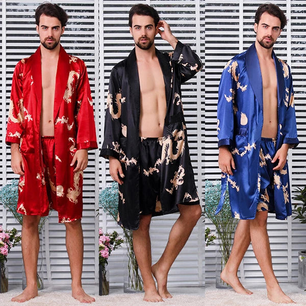Men Silk Like Pyjama Set Dragon Print Pajamas Dressing Gown Robe Sleepwear Loose