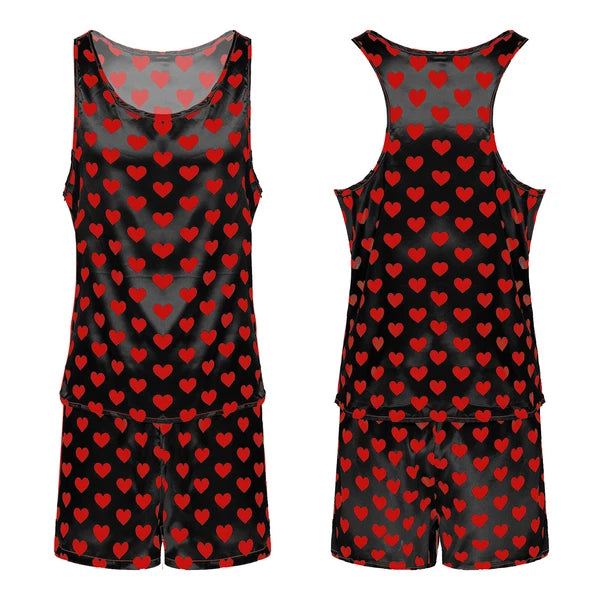 Mens Pajama Set Silky Satin Sleepwear Smooth Tank Top and Shorts 2 Pieces Set