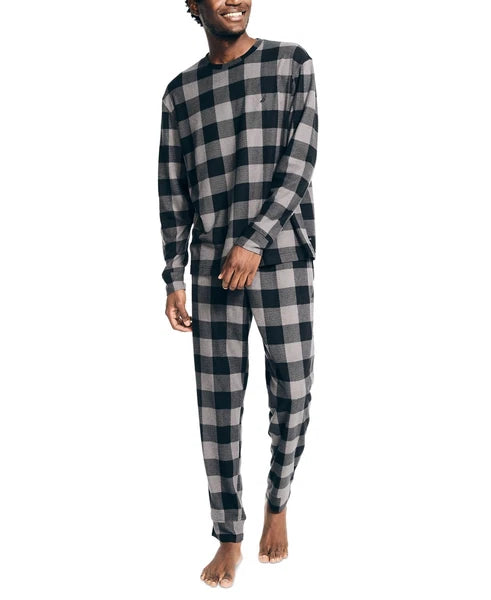 Nautica Men's Relaxed Fit 2PC Waffle Buffalo Plaid Pajama Set, Storm Grey-XL