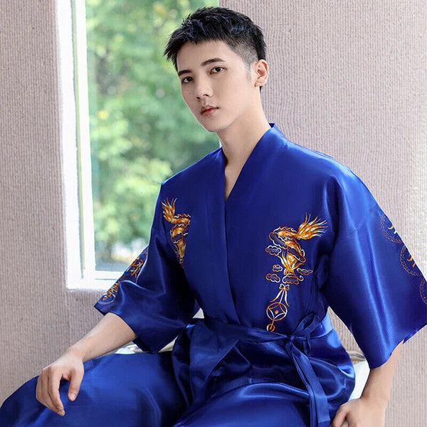 Hot Men's Silk Satin Japanese Chinese Kimono Dressing Gown Bath Robe Nightwear