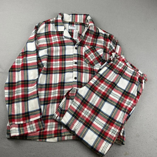 Old Navy Pajama Set Mens XL Red Plaid Button Up Long Sleeves Shirt Pant NWT