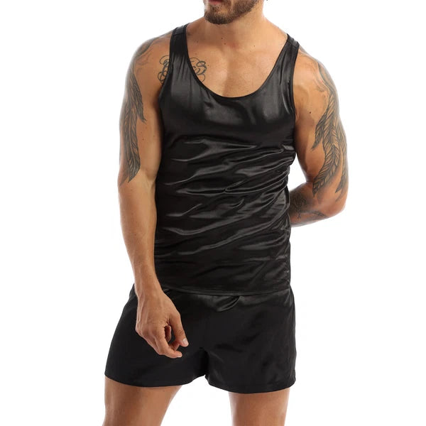 Mens Pajama Set Silky Satin Sleepwear Smooth Tank Top and Shorts 2 Pieces Set