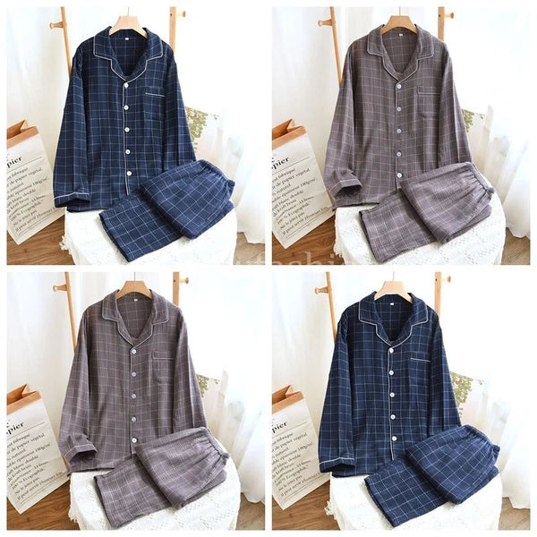 Men Cotton Gauze Long Sleeve Pajamas Set Sleepwear & Loungewear Button Down Pjs
