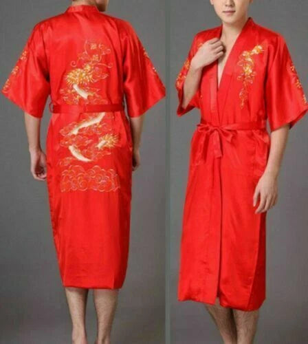Hot Men's Silk Satin Japanese Chinese Kimono Dressing Gown Bath Robe Nightwear