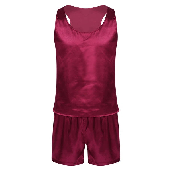 Mens Pajama Set Silky Satin Sleepwear Smooth Tank Top and Shorts 2 Pieces Set