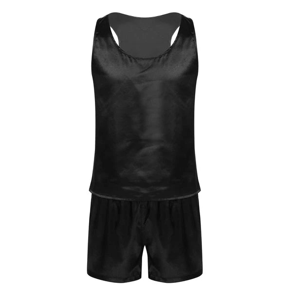 Mens Pajama Set Silky Satin Sleepwear Smooth Tank Top and Shorts 2 Pieces Set