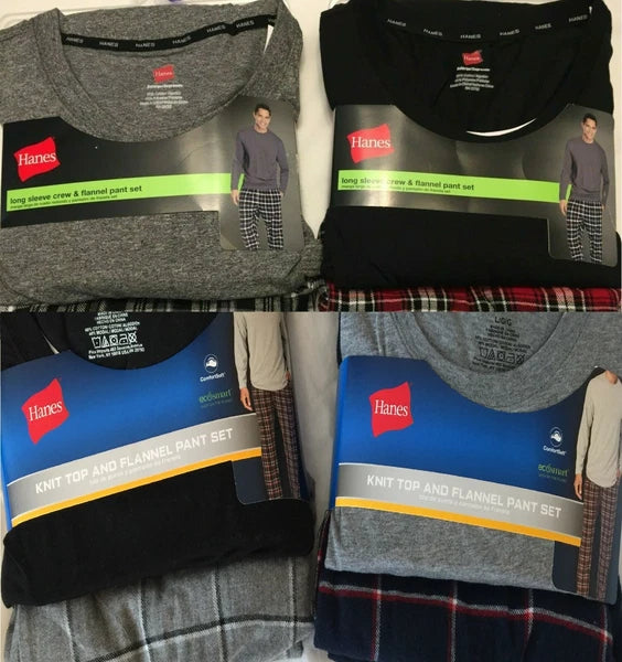 NWT Men's Hanes Long Sleeve Crew Top - Flannel Pant - Set Pajamas PJs Red / Gray
