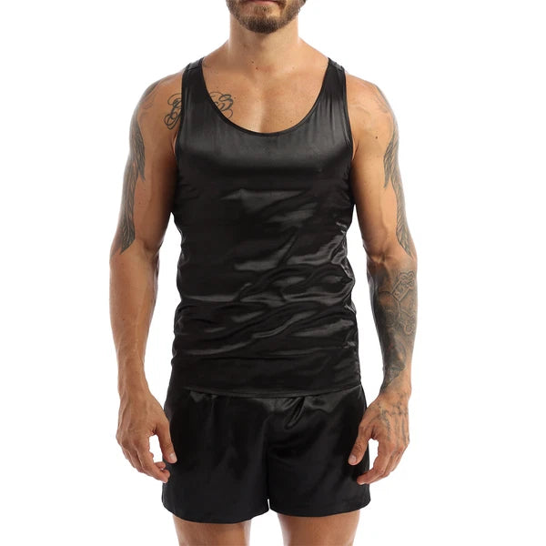 Mens Pajama Set Silky Satin Sleepwear Smooth Tank Top and Shorts 2 Pieces Set
