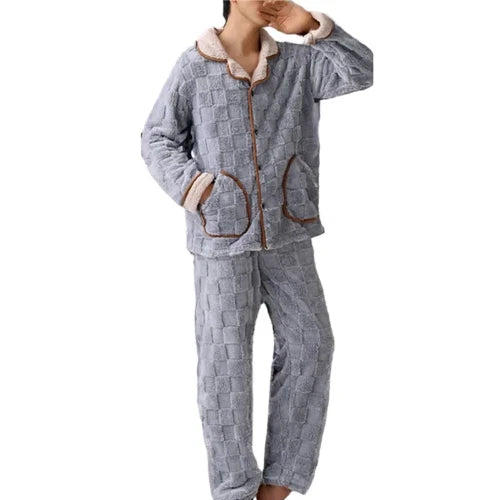 Men Coral Fleece Pajamas Plaid Jacquard Cardigan 2PCS Leisure Flannel Nightwear