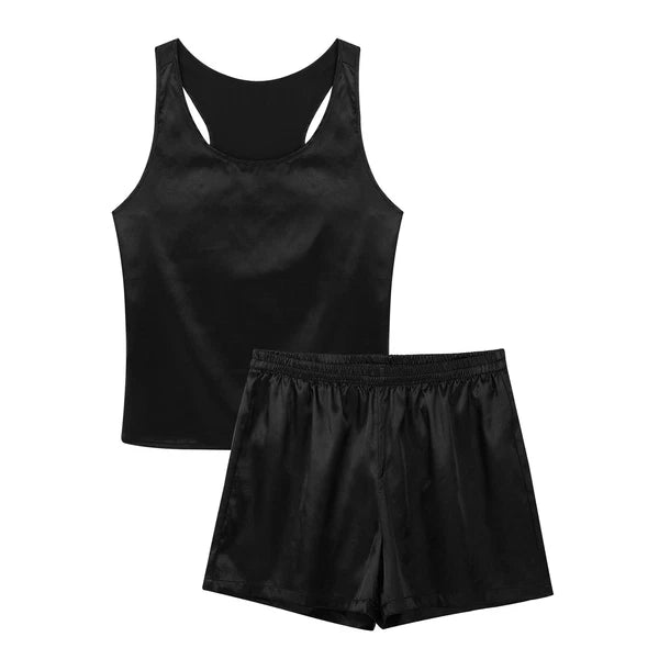 Mens Pajama Set Silky Satin Sleepwear Smooth Tank Top and Shorts 2 Pieces Set