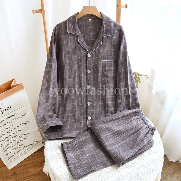 Men Cotton Gauze Long Sleeve Pajamas Set Sleepwear & Loungewear Button Down Pjs