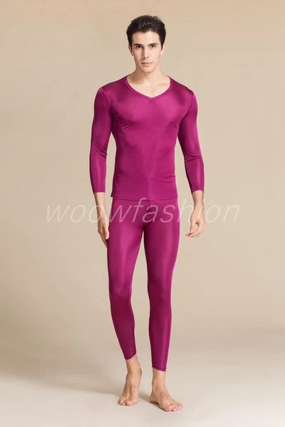 Men Mulberry Silk Thermal Long Johns Pajamas Underwear Baselayer Top&Bottom Set