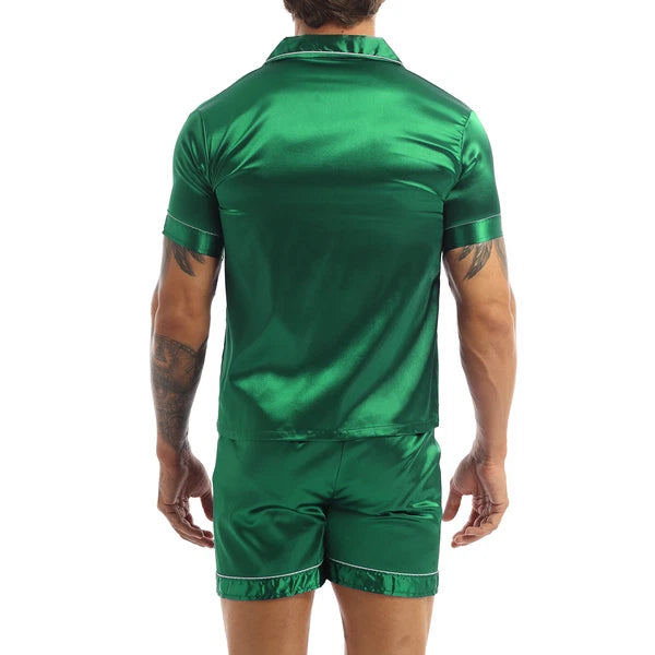 Men's Short Sleeve Satin Pajama Set with Shorts Classic Sleepwear Loungewear