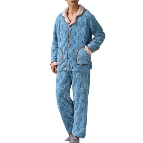 Men Coral Fleece Pajamas Plaid Jacquard Cardigan 2PCS Leisure Flannel Nightwear