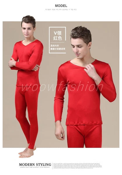 Men Mulberry Silk Thermal Long Johns Pajamas Underwear Baselayer Top&Bottom Set