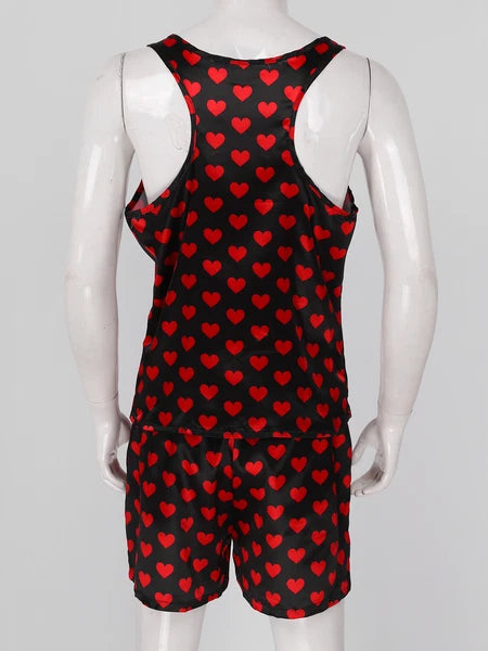 Mens Pajama Set Silky Satin Sleepwear Smooth Tank Top and Shorts 2 Pieces Set